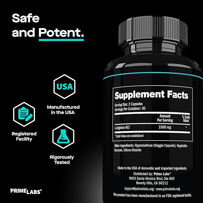 Prime Labs L Arginine 1500mg - Nitric Oxide Supplement - Blood Flow, Energy, Strength, Endurance - 60 Count