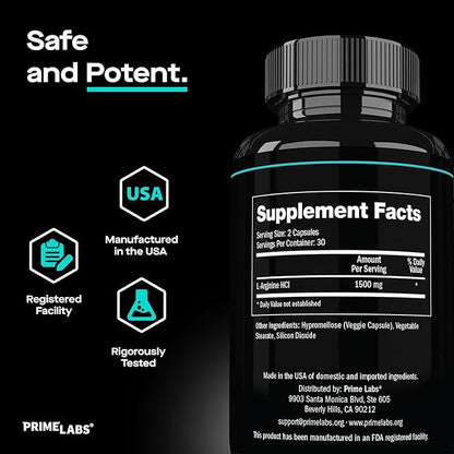 Prime Labs L Arginine 1500mg - Nitric Oxide Supplement - Blood Flow, Energy, Strength, Endurance - 60 Count