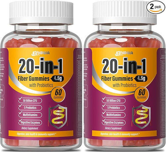 Fiber Supplement 20-in-1, Fiber Gummies for Adults, 50 Billion CFU Probiotic & Prebiotic Supplement with Inulin, Psyllium, Support for Gut & Digestive Health, 60-Count, Peach Flavor-Two Pack
