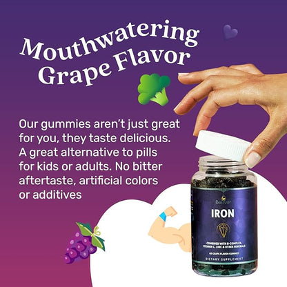 BeLive Iron Gummies - Multivitamin Iron Supplement with Vitamin C, A, B & Zinc, Supports Blood Oxygen, Vegan Supplements for Women, Men & Kids for Growth and Development - Grape Flavor | 5-Pack