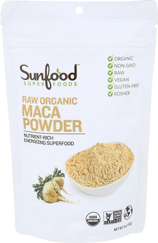 Sunfood Organic Maca Powder - Maca Root Powder, Maca Powder Organic, Maca Supplement for Men & Women with Adaptogens, Peruvian, Raw, Vegan, Premium Maca Powder - 4 Oz Bag