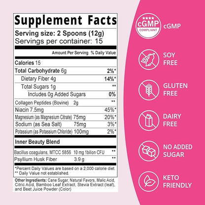 Fiber Supplement Powder with Probiotics & Collagen – Supports Digestive Regularity, Gut Balance & Debloating | Soluble Fiber Powder, Vegan Diets, Strawberry Lemon Flavor, 15 Servings