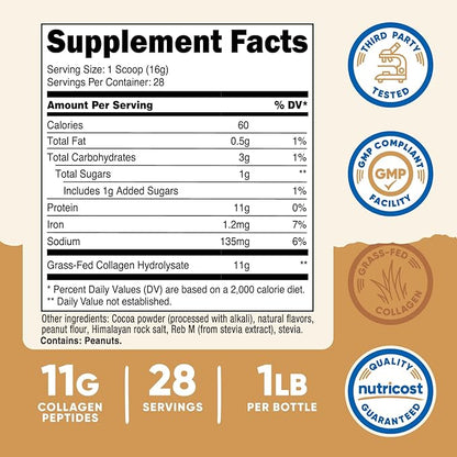 Nutricost Collagen Peptides Powder (Chocolate Peanut Butter Flavored) 1 LB - Grass-Fed Collagen Hydrolysate, Gluten-Free