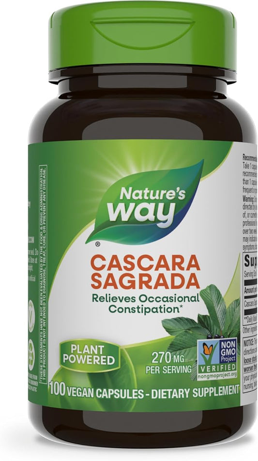 Nature’s Way Cascara Sagrada Bark, Occasional Constipation Relief*, Supports Regularity*, Non-GMO Project Verified, 270 mg per Serving, 100 Capsules (Packaging May Vary)