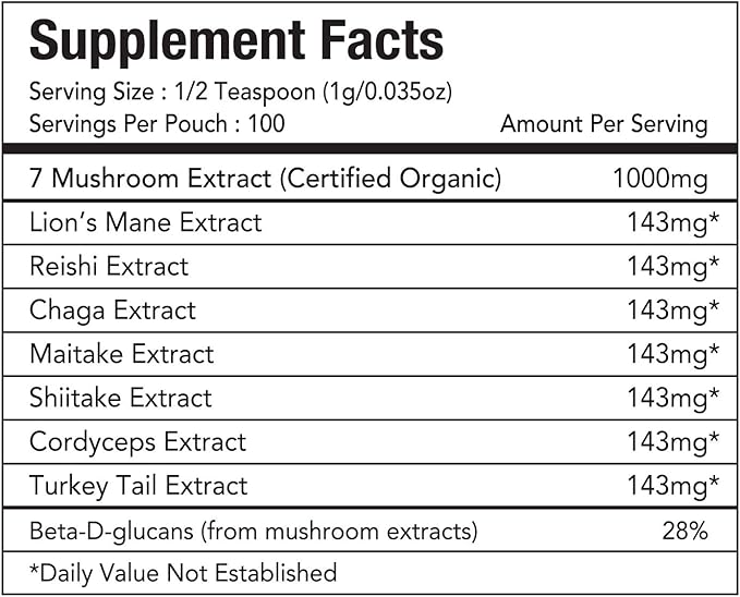 Tiger 7 Mushroom Powder Extract - 3.5oz (100g) Blend | Natural Ingredients - Lions Mane, Turkey Tail, Maitake, Shiitake, Reishi, Chaga & Cordyceps | Gluten-Free, Vegan, Dairy-Free