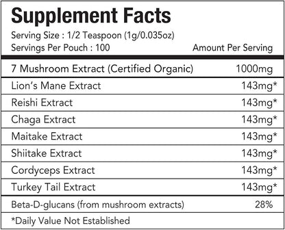 Tiger 7 Mushroom Powder Extract - 3.5oz (100g) Blend | Natural Ingredients - Lions Mane, Turkey Tail, Maitake, Shiitake, Reishi, Chaga & Cordyceps | Gluten-Free, Vegan, Dairy-Free