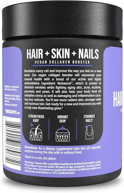InnoSupps Hair + Skin + Nails Supplement | Vegan Collagen Booster | Biotin, B12, Horsetail Herb Powder | Stimulate Hair Growth, Revitalize Skin, Strengthen Nails | 60 Capsules
