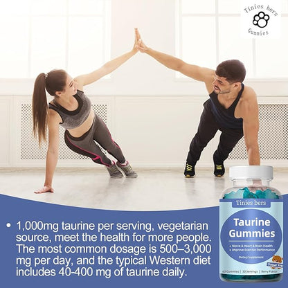 Taurine Gummies 1000mg, Sugar Free for Adults & Kids, 1 of 20 amino acids, Boost Immune, Nerve, Cognitive, Heart, Eye Health, Exercise Performance, Anti-aging, Gluten Free, Non GMO, Vegan, Pectin, 120