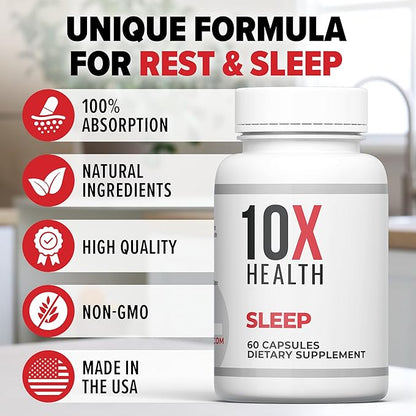 10X Health Sleep Supplement for Adults - 3mg Melatonin, L-Theanine & Magnesium Supplement for Deep Rest, Relaxation & Longer Sleep - Non-Habit Forming, 3-in-1 Natural Sleep Support - 60 Capsules