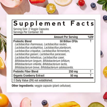 Doctor's Recipes Women’s Probiotic, 120 Caps 50 Billion CFU 16 Strains, with Organic Cranberry, Digestive Immune Vaginal & Urinary Health, Shelf Stable, Delayed Release, No Soy Gluten Dairy