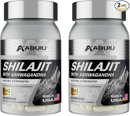 Shilajit for Men Women Pure Himalayan Shilajit Resin Containing Fulvic Acid, 8-in-1 with Ashwagandha Rhodiola Rosea Ginseng, Supports Energy Mental Clarity Focus, 120 Capsules / 2 Packs