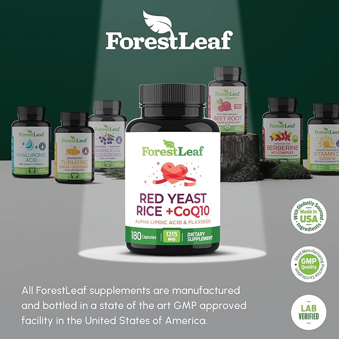 ForestLeaf Red Yeast Rice with CoQ10 Supplement - 1215mg Extra Strength Red Yeast Rice Capsules with Alpha Lipoic Acid & Organic Flaxseed, Citrinin Free - 180 Capsules