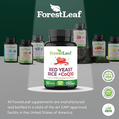 ForestLeaf Red Yeast Rice with CoQ10 Supplement - 1215mg Extra Strength Red Yeast Rice Capsules with Alpha Lipoic Acid & Organic Flaxseed, Citrinin Free - 180 Capsules