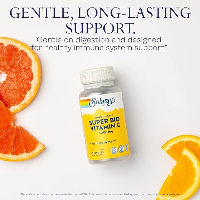 SOLARAY Super Bio Buffered Vitamin C 1000mg, Two-Stage, Timed Release Vitamin C with Bioflavonoids, Immune Support Supplement - High Absorption, Vegan, 60 Day Guarantee, 30 Servings, 60 VegCaps