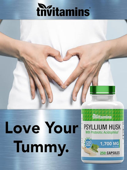 Psyllium Husk Capsules | 1700 MG - 250 Capsules | with Probiotic Acidophilus | Extra Strength Soluble & Dietary Fiber Supplement | Supports Digestive Health
