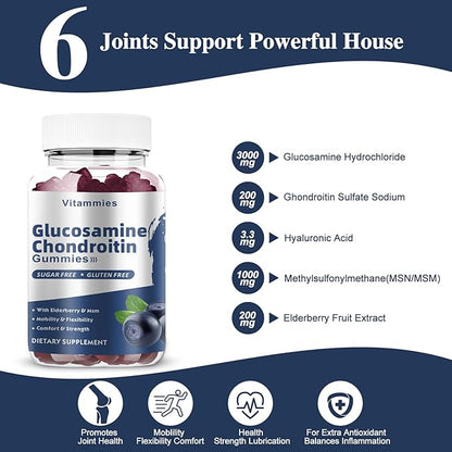 Glucosamine Chondroitin Gummies with MSM & Elderberry Extra Strength - Joint Support, Antioxidant Immune Support Supplement for Adults, Men & Women Minerals, coenzyme Q10, DHA- 60 Blueberry Gummies
