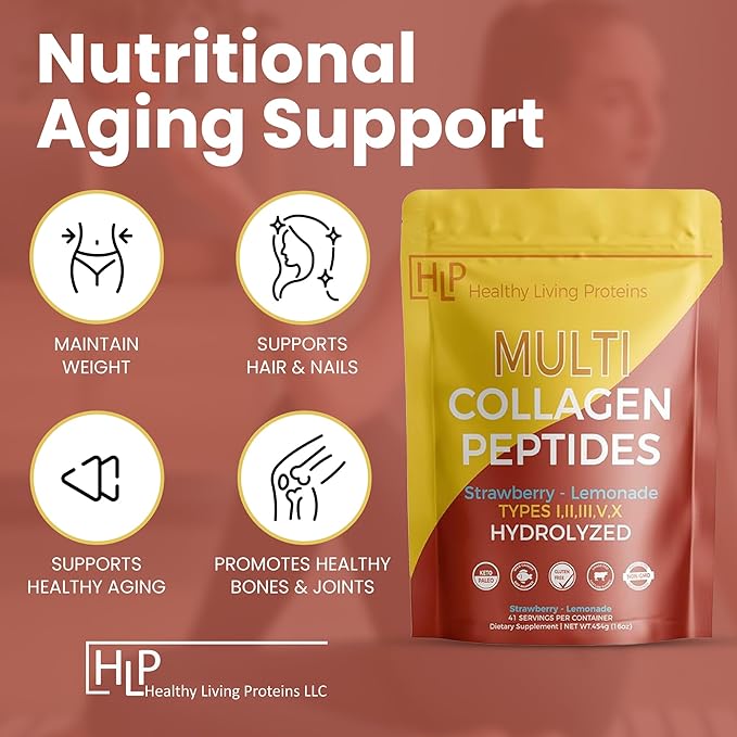 Healthy Living Proteins - Hydrolyzed Multi Collagen Peptides Powder Types I, II, III, V & X - Grass Fed Bovine, Wild Caught Marine, Free Range Chicken - Gluten Free (Strawberry-Lemonade, 16 oz)