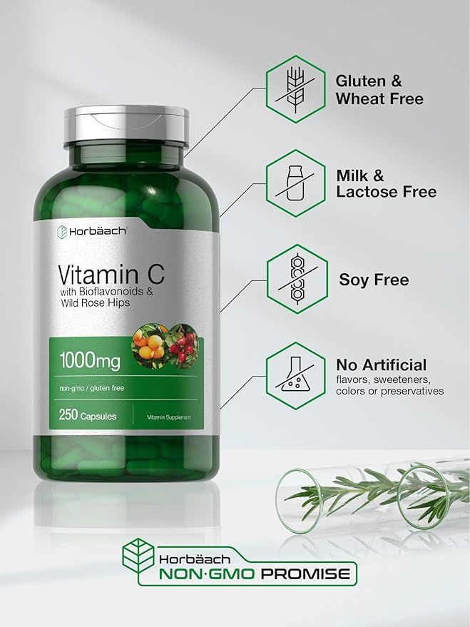 Horbäach Vitamin C 1000mg | 250 Capsules | with Bioflavonoids and Rose HIPS | Non-GMO, Gluten Free Supplement | High Strength Formula
