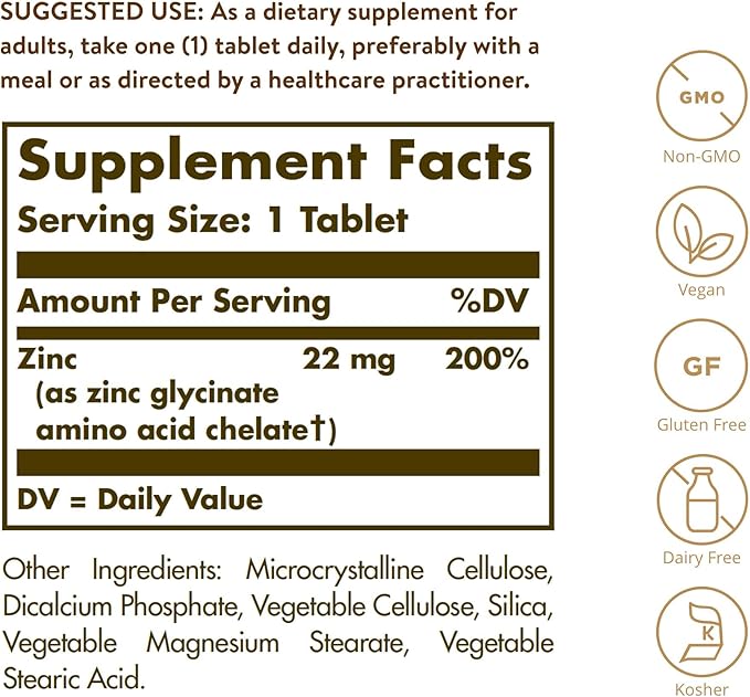 Solgar Chelated Zinc, 100 Tablets - Zinc for Healthy Skin - Supports Cell Growth & DNA Formation - Exerts Antioxidant Activity - Supports A Healthy Immune System - Non GMO, Gluten Free - 100 Servings