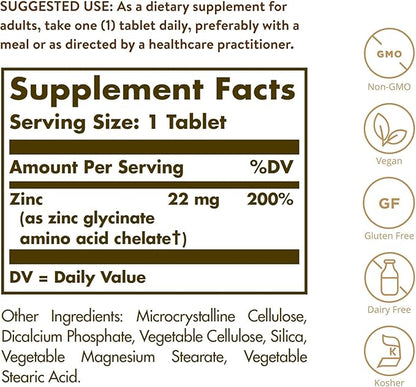 Solgar Chelated Zinc, 100 Tablets - Zinc for Healthy Skin - Supports Cell Growth & DNA Formation - Exerts Antioxidant Activity - Supports A Healthy Immune System - Non GMO, Gluten Free - 100 Servings