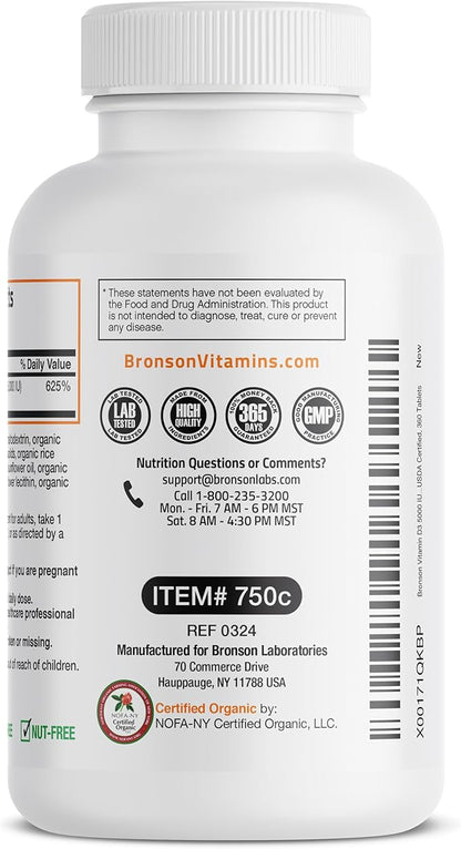 Bronson Vitamin D3 5,000 IU (125 mcg) Certified Organic High Potency Non-GMO Vitamin D Supplement, 360 Tablets