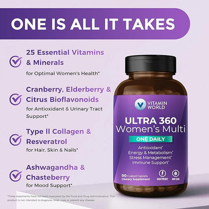 Vitamin World Ultra 360 Multivitamin for Women One Daily, Women's Multivitamin with Collagen, Ashwagandha & Antioxidants, Supplement with Vitamin A, B, C & D for Energy & Immune Support, 90 Caplets