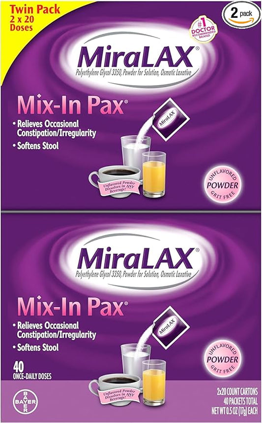 MiraLAX Gentle Constipation Relief Laxative Powder, Stool Softener with PEG 3350, No Harsh Side Effects, 1 Doctor & OBGYN Recommended, Single Dose Mix-In Pax, Travel Pack, 40 Dose