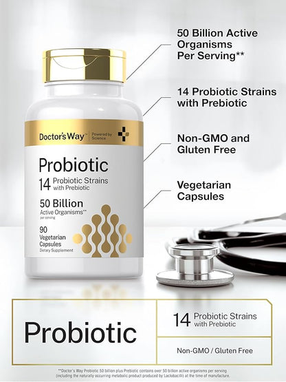 Doctor's Way Probiotic Supplement | 50 Billion Active Organisms | 90 Capsules | 14 Strains with Prebiotic | for Men and Women | Vegetarian, Non-GMO, Gluten Free