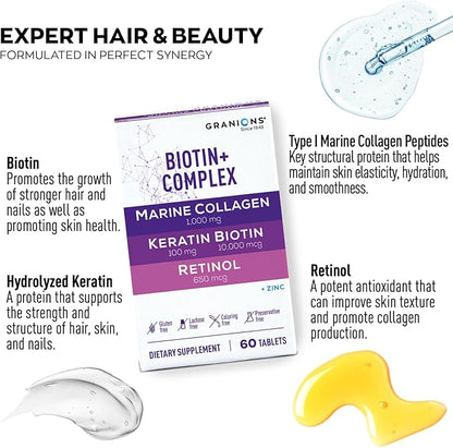 Biotin and Collagen Hair Growth Tablets – 10,000mcg Biotin, Marine Collagen Peptides, Hydrolyzed Keratin, Retinol, Zinc, Vitamin B6 - Hair, Skin and Nails Vitamins Growth Supplement – 60 Tablets