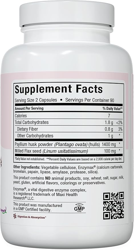 Maxi Health Maxi Fiber Kosher Daily Supplement 1500 mg Fiber Capsules with Psyllium Husk, Dietary Pills for Adults Capsules 180 Count (Pack of 1)