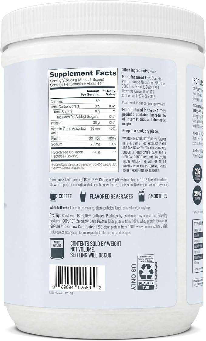 Isopure Collagen Peptides Powder, Promotes Hair, Nail, Skin and Joint Health, with Vitamin C and Biotin, Unflavored, 20g Collagen Peptides Per Serving, 11.36 Oz, 14 Servings (Packaging May Vary)