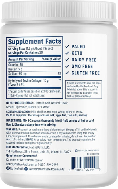 NativePath Collagen Peptides - Hydrolyzed Type 1 & 3 Collagen. Keto & Paleo Grass-Fed Protein Powder for Hair, Skin, Nails, Bones, Joints, Digestion and More - No Gluten or Dairy (Wild Berry, 230g)