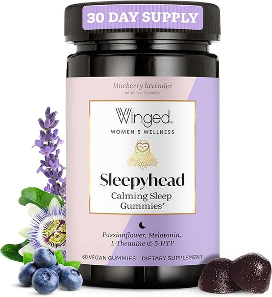 Winged Wellness Sleepyhead Natural Sleep Gummies for Women - Prime Sleep Support Aid for Adults with 3mg Melatonin, L-Theanine, 5-HTP - Blueberry Lavender Flavored - 30 Servings