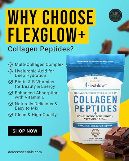 FlexGlow+ Collagen Peptides – Broad Spectrum (I, II, III, IV) – 6,900mg – Hyaluronic Acid, Biotin & Vitamin C – Chocolate – Hair, Skin & Joint Support – 30 Servings (12.17oz)