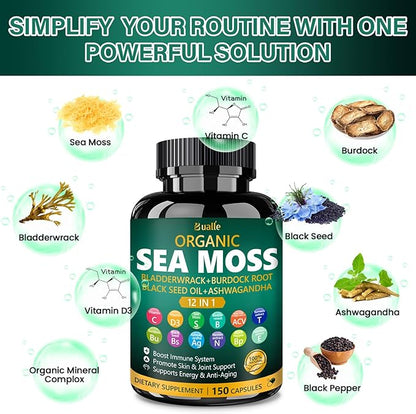 Organic Sea Moss Capsules with Sea Moss,Black Seed Oil,Ashwagandha,Bladderwrack,Ginger,Burdock Root for Immune System,Skin,Energy Support-150 Capsules (1 Pack)