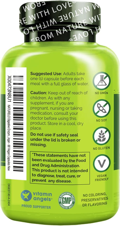 NATURELO Digestive Enzymes - Full Spectrum Support with a Broad Blend of 15 Enzymes Plus Ginger - 90 Vegan Capsules (Pack of 2)