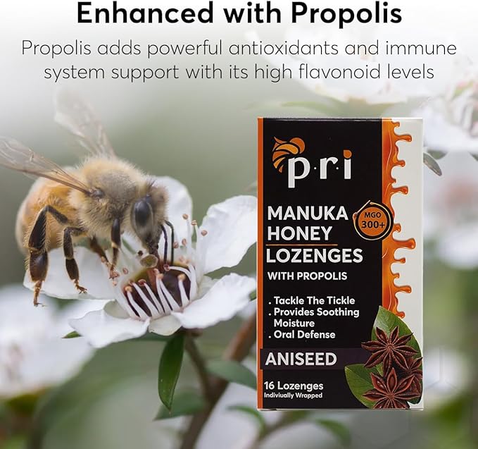P.R.I Manuka Honey Lozenges with Propolis, Soothing Cough and Throat Drops, MGO 300+ Certified, (Original Aniseed, 16 Count)