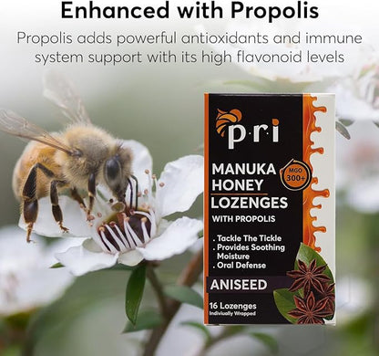 P.R.I Manuka Honey Lozenges with Propolis, Soothing Cough and Throat Drops, MGO 300+ Certified, (Original Aniseed, 16 Count)