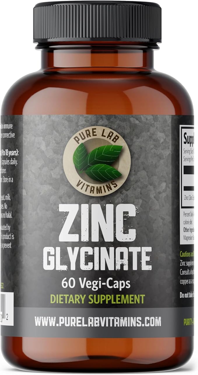 Zinc Glycinate 23 mg Supplement - 60 Vegan Caps by Pure Lab Vitamins - Amino Acid Salt for Healthy Skin & Nails - Supports The Immune System, Prostate, Vision - Made in Canada