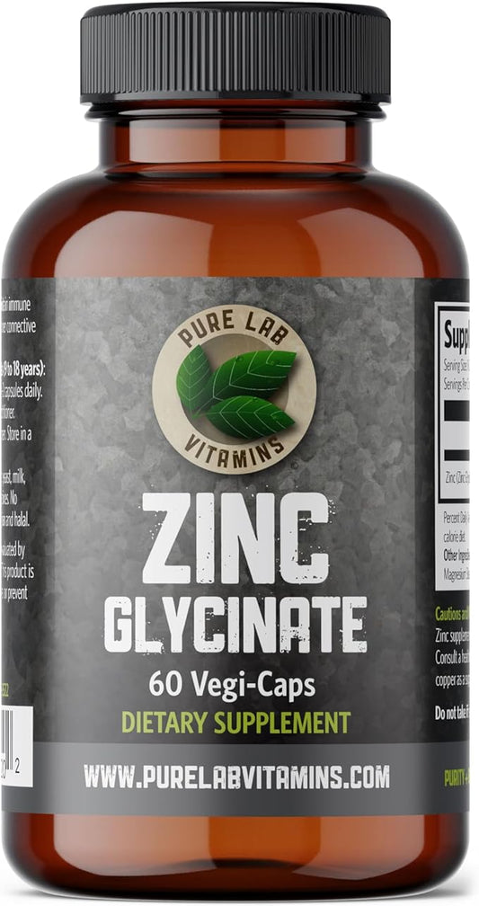 Zinc Glycinate 23 mg Supplement - 60 Vegan Caps by Pure Lab Vitamins - Amino Acid Salt for Healthy Skin & Nails - Supports The Immune System, Prostate, Vision - Made in Canada