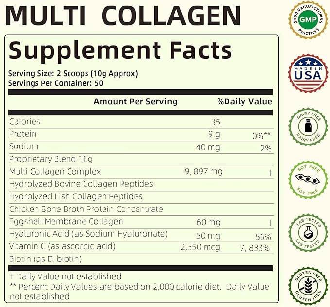 Multi Collagen Peptides Powder, Type I, II, III, V, X Hydrolyzed Collagen Protein Powder with Biotin, Hyaluronic Acid, Vitamin C for Healthy Hair, Skin, Nails, Joint, Unflavored 1.1 lbs