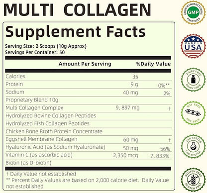 Multi Collagen Peptides Powder, Type I, II, III, V, X Hydrolyzed Collagen Protein Powder with Biotin, Hyaluronic Acid, Vitamin C for Healthy Hair, Skin, Nails, Joint, Unflavored 1.1 lbs