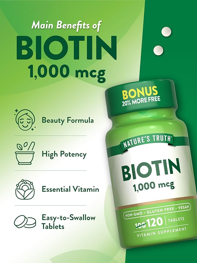 Nature's Truth Biotin 1000mcg | 120 Tablets | Vegan, Non-GMO, Gluten Free Supplement