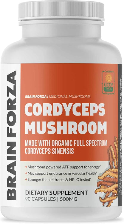Brain Forza Organic Cordyceps Capsules - Cordyceps Sinensis Mushroom Low-Oxygen Grown in The USA, Non-GMO, Vegan, Organic, 90 Capsules