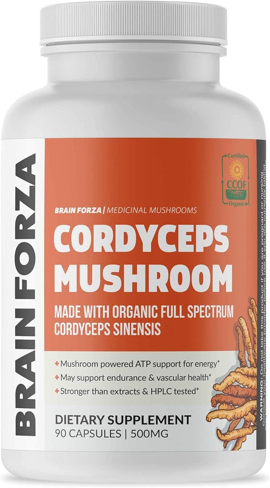 Brain Forza Organic Cordyceps Capsules - Cordyceps Sinensis Mushroom Low-Oxygen Grown in The USA, Non-GMO, Vegan, Organic, 90 Capsules