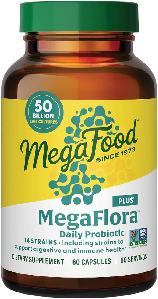 MegaFood MegaFlora Probiotic Plus - Probiotics for Women Digestive Health- Probiotics for Men - 50 Billion CFUs & 14 Strains - Immune Support Supplement - Vegetarian - 60 Capsules, 60 Servings
