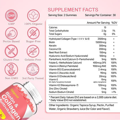 2 Pack Collagen Gummies for Women Men, Hydrolyzed Collagen Peptides Types I,II,III,V,X with Biotin & Hyaluronic Acid, Vitamins C A D E B12 K2 Support, Sugar-Free for Skin Hair Nails Immunity Energy