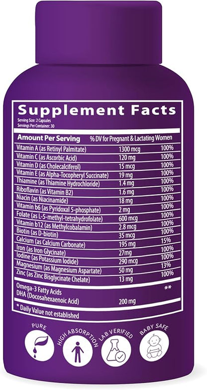 Ultra Strength Bio-Available Prenatal Vitamins for Women, Naturally Occurring Methylated Folate Folic Acid, DHA Omega 3. Supports Brain Development, Healthy Fetal Development