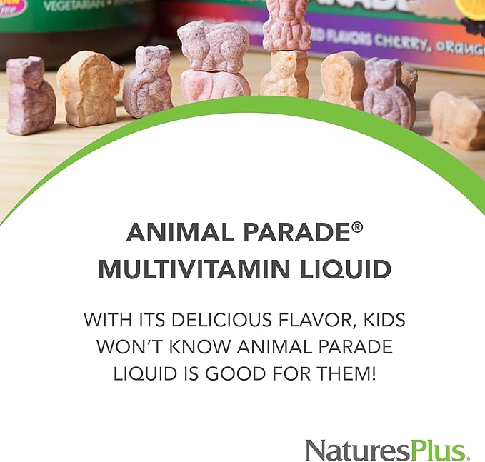Natures Plus Animal Parade Children's Liquid Multivitamin - Tropical Berry Flavor - 8 fl oz - Whole Food Supplement - Vegetarian, Gluten Free - 16 Servings