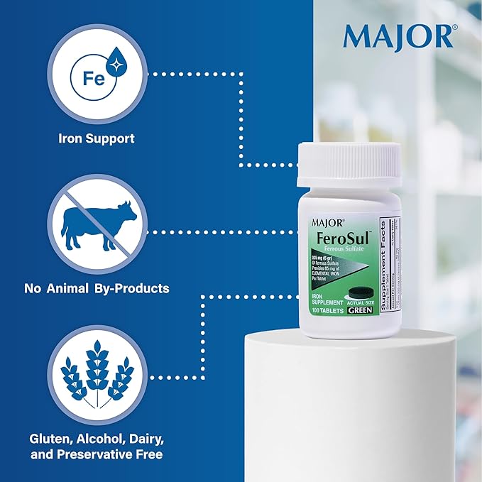 Major Ferosul - Ferrous Sulfate 325mg Tablets with 65mg of Elemental Iron - Iron Supplement for Women, Men - Green - 100 Count